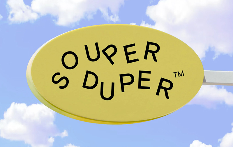 Unaligned words in a logo with clouds on the background.