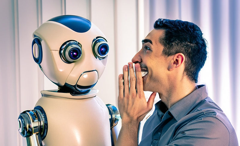 Generative AI image of a man whispering to a robot