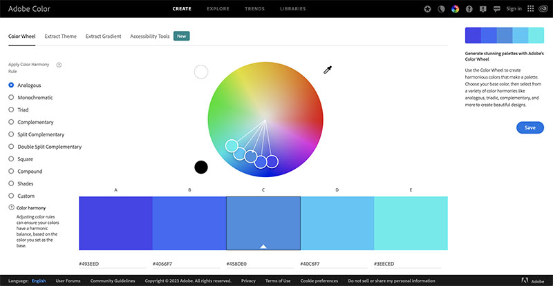 Snapshot of color wheel on Adobe with prominent blue hues.