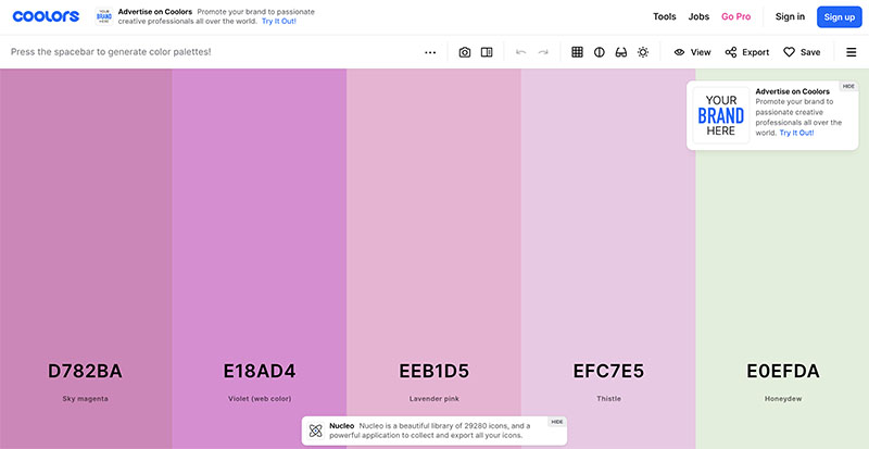 Series of colors with different shades of pink and a green