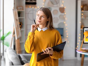 Female graphic designer working with tablet in office.