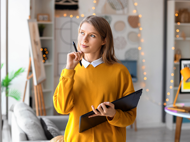 Female graphic designer working with tablet in office.