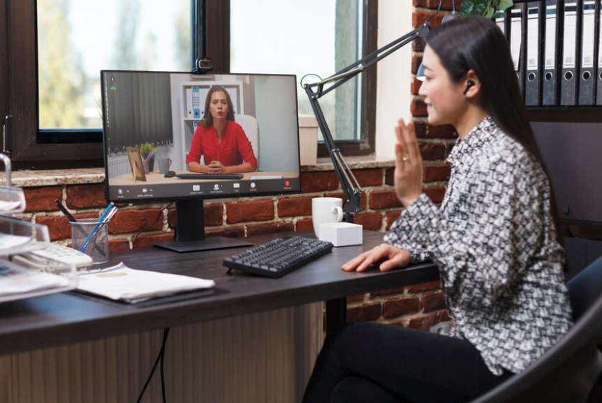 An image of woman during online meeting.