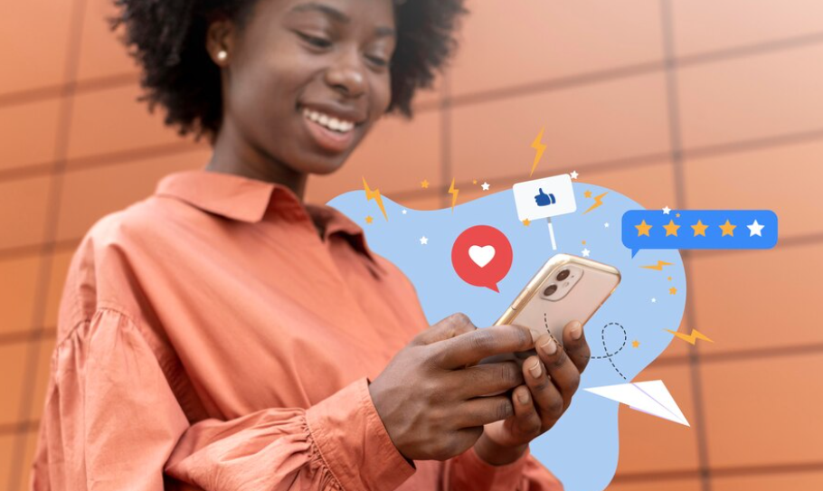 Photo of black woman holding her hone appear to be reading reviews of a product